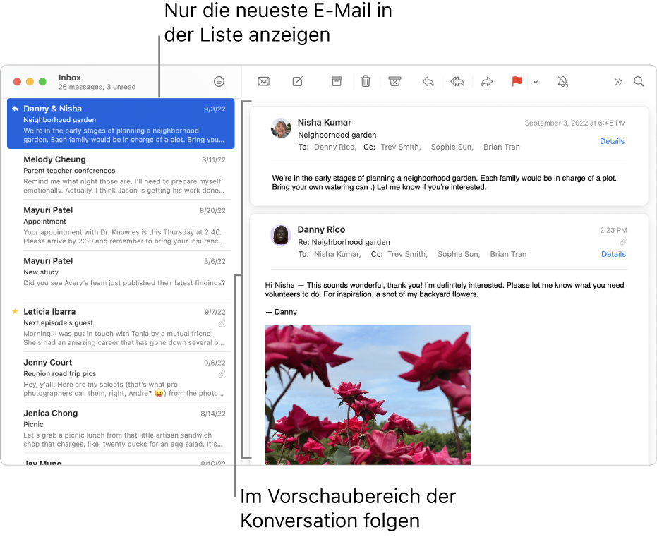 In diesem Fall wird in der E-Mail-Liste nur die jeweils jüngste/letzte E-Mail der jeweiligen Konversation angezeigt. Eine Zahl oben in der E-Mail gibt an, wie viele der E-Mails der Konversation sich im aktuellen Postfach befinden. Im Vorschaubereich kannst du der Konversation folgen.