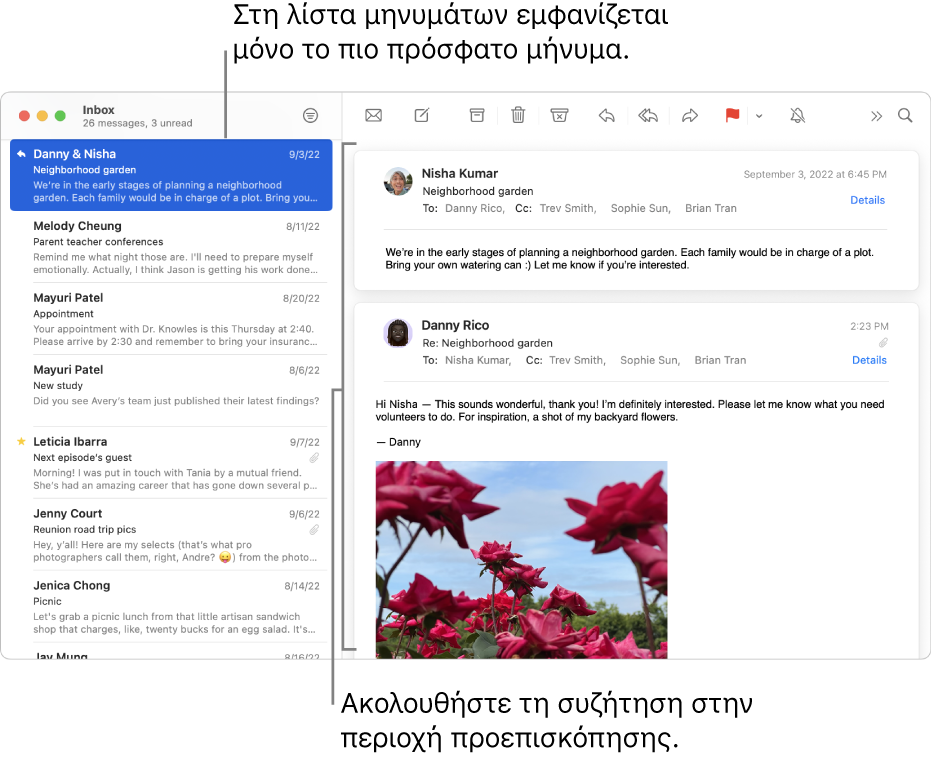 Στη λίστα μηνυμάτων εμφανίζεται μόνο το πιο πρόσφατο μήνυμα μιας συζήτησης. Ένας αριθμός στο πρώτο μήνυμα υποδεικνύει πόσα μηνύματα της συζήτησης υπάρχουν στην τρέχουσα θυρίδα. Ακολουθήστε τη συζήτηση στην περιοχή προεπισκόπησης.