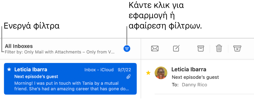 Το παράθυρο του Mail όπου εμφανίζεται η γραμμή εργαλείων πάνω από τη λίστα μηνυμάτων, όπου το Mail υποδεικνύει τα φίλτρα που εφαρμόζονται, όπως «Μόνο από VIP».