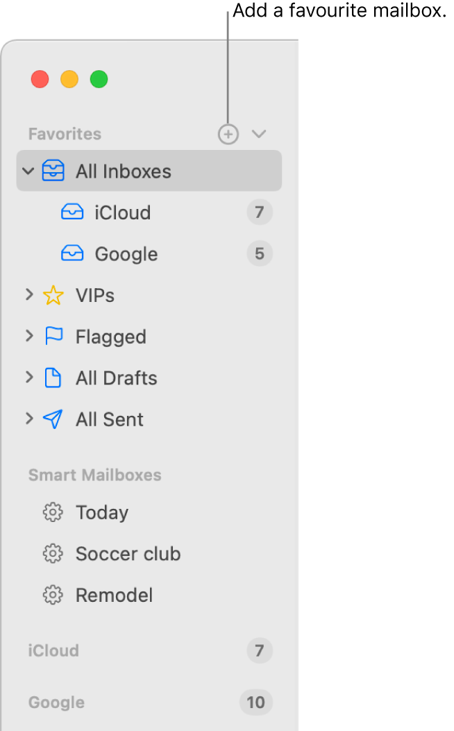The Mail sidebar showing different accounts and mailboxes and sections such as Favourites and Smart Mailboxes. At the top of the sidebar, click the button to the right of Favourites to add a mailbox to that section.