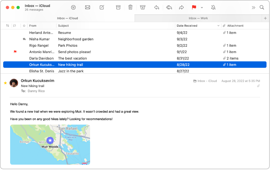 The Mail window showing the message list in column layout — with columns such as From, Subject and Date Received — and the message preview below the list.