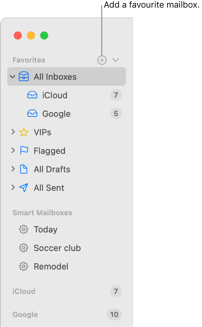 The Mail sidebar showing different accounts and mailboxes, and sections such as Favourites and Smart Mailboxes. At the top of the sidebar, click the button to the right of Favourites to add a mailbox to that section.