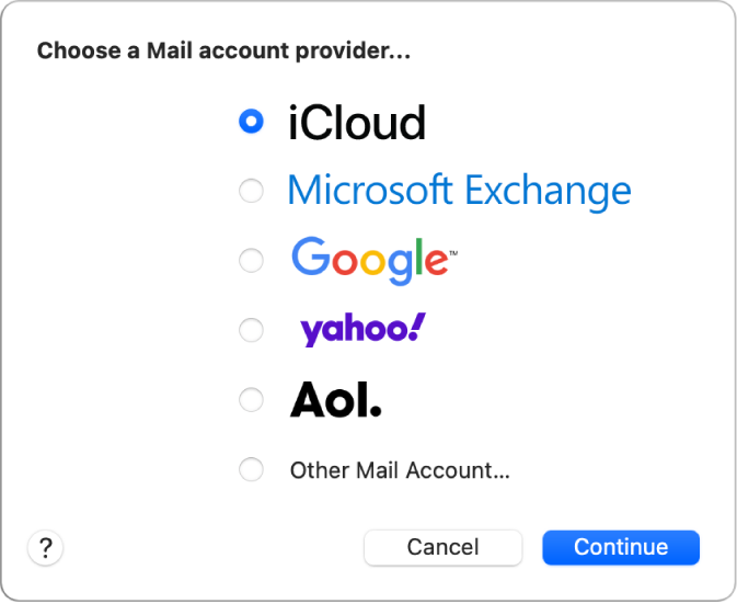 The dialog to choose an email account type, showing iCloud, Microsoft Exchange, Google, Yahoo, AOL, and Other Mail Account.