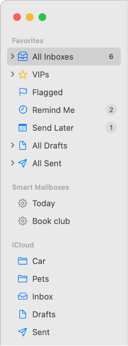 The Mail sidebar showing standard mailboxes (such as Inbox and Drafts) at the top of the sidebar and mailboxes you created in the On My Mac and iCloud sections.