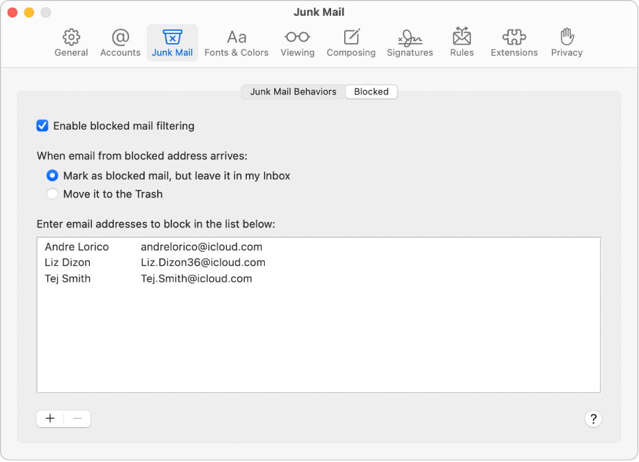 The Blocked pane in Mail settings showing a list of blocked senders. The checkbox to enable blocked mail filtering is selected, as is the option to mark blocked mail but leave it in the Inbox upon arrival.