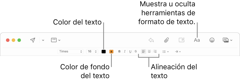 La barra de herramientas y de formato en la ventana de un nuevo mensaje indicando el color del texto, el color del fondo y los botones de alineación de texto.