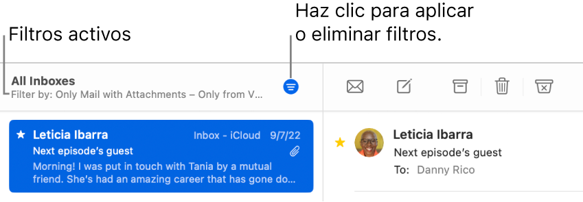 La ventana de Mail con la barra de herramientas sobre la lista de mensajes, donde Mail indica qué filtros, como “Solo de la lista VIP”, se están aplicando.
