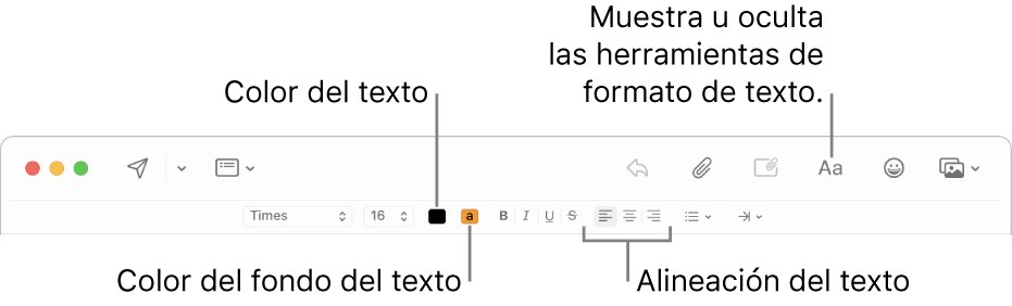 La barra de herramientas y la barra de formato en una ventana de mensaje nuevo, que indica el color del texto, el color del fondo del texto y los botones de alineación del texto.