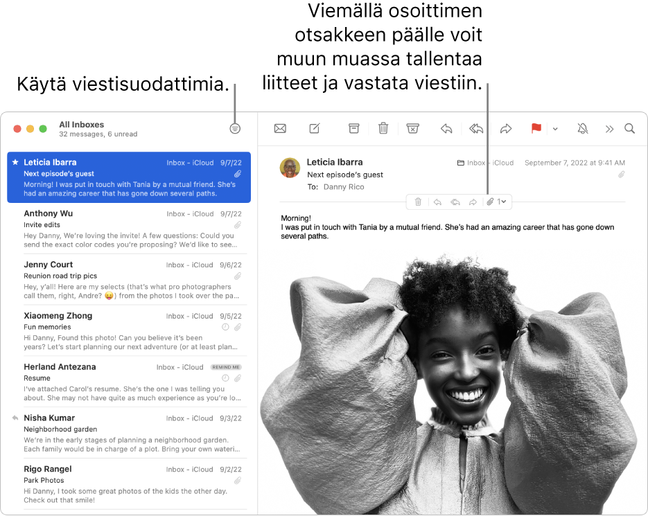 Mail-ikkuna. Käytä viestisuodattimia klikkaamalla työkalupalkin Suodata-painiketta. Siirrä osoitin viestin otsakealueen päälle, niin näet esimerkiksi painikkeet vastaamiseen ja liitteiden tallentamiseen.