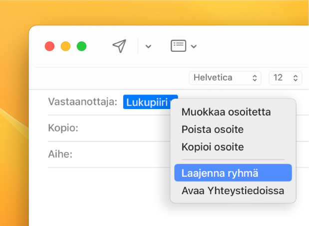 Sähköposti, jossa näkyy lista Vastaanottaja-kentässä, ja ponnahdusvalikko, jossa näkyy Laajenna ryhmä -komento.