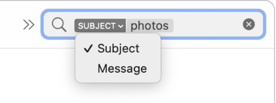 Un filtre de recherche avec la flèche vers le bas développée affichant deux options : Objet et « Message entier ». Objet est sélectionné.