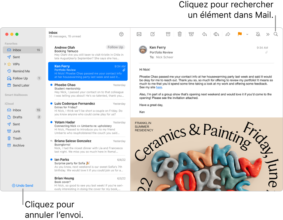 Fenêtre Mail avec la barre latérale sur la gauche. Le bouton « Annuler l’envoi » se trouve en bas de la barre latérale.