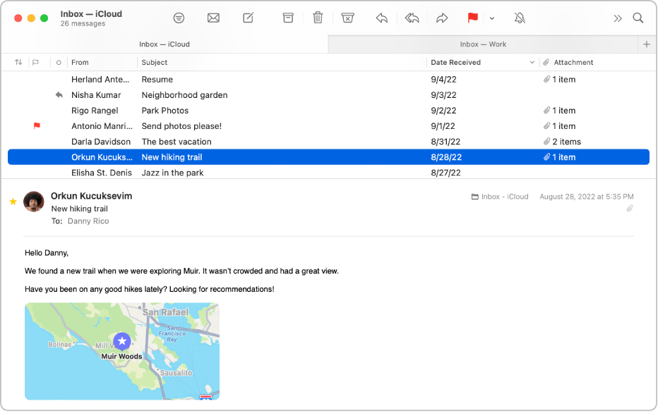 Prozor aplikacije Mail s prikazom popisa poruka u rasporedu stupaca – sa stupcima kao što su Šalje, Predmet i Datum primanja – i pretpregledom poruka ispod popisa.