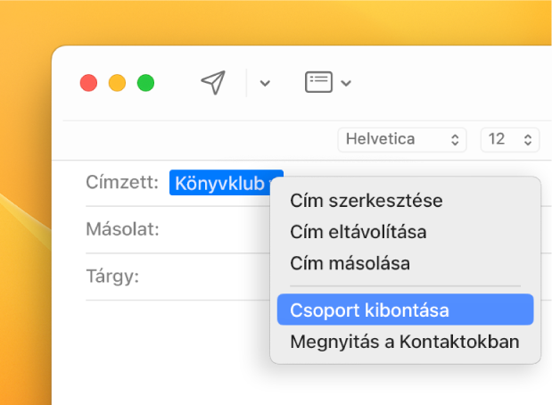 E-mail; a Címzett mezőben lista látható, és az előugró menüben pedig a Csoport kibontása parancs.