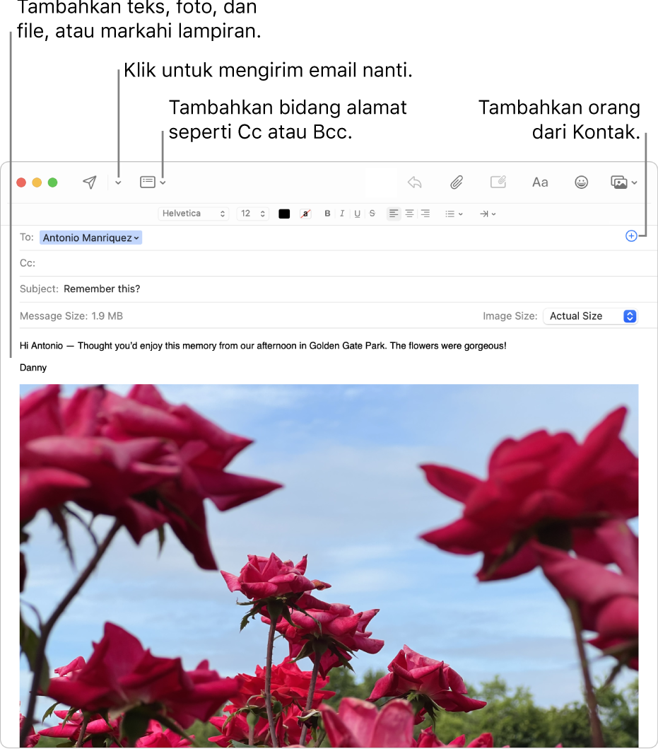 Jendela pesan baru. Di kiri atas adalah tombol Kirim dan tombol Header. Di kanan atas adalah tombol Tambah, yang dapat digunakan untuk menambahkan orang dari Kontak. Di isi pesan adalah gambar yang ditandai.