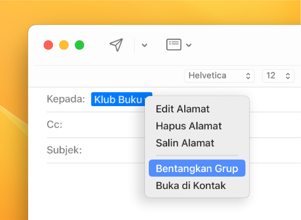 Email yang menampilkan daftar di bidang Kepada dan menu pop-up yang menampilkan perintah Perluas Grup.