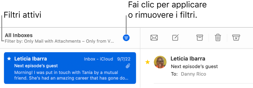 La finestra di Mail mostra la barra degli strumenti sopra l'elenco dei messaggi, dove Mail indica quali filtri vengono applicati, come “Solo da VIP”.