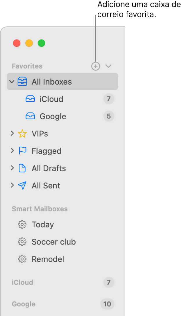 Barra lateral do Mail mostrando diferentes contas e caixas de correio, e seções como Favoritos e Caixas de Correio Inteligentes. Na parte superior da barra lateral, clique no botão à direita de Favoritos para adicionar uma caixa de correio a essa seção.