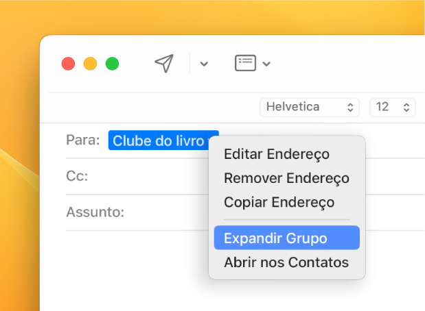 Um e-mail mostrando uma lista no campo Para e o menu local mostrando o comando Expandir Grupo.