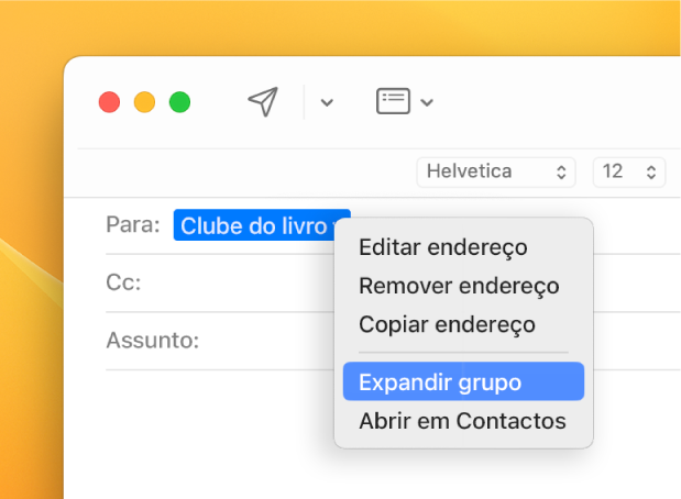 Uma mensagem de e-mail com uma lista no campo “Para” e o menu pop-up a mostrar o comando “Expandir grupo”.