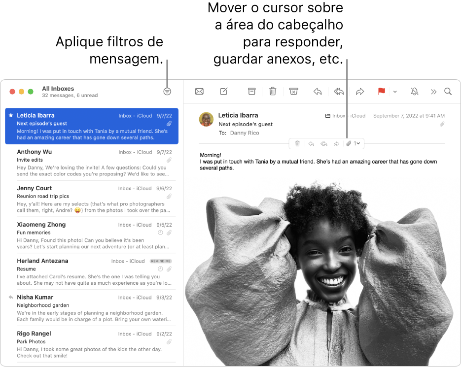 A janela do Mail. Clique no botão Filtrar na barra de ferramentas para aplicar filtros de mensagem. Para mostrar os botões para responder, guardar anexos, etc., desloque o cursor sobre a área do cabeçalho de uma mensagem.