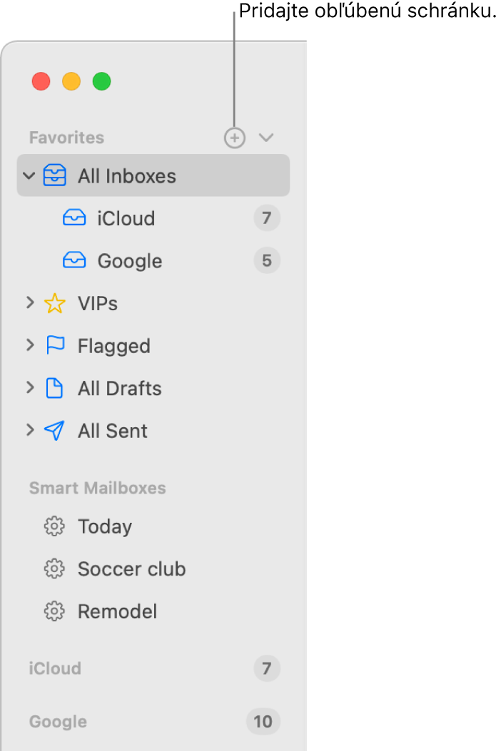 Postranný panel apky Mail zobrazujúci rôzne účty a schránky, ako aj sekcie Obľúbené a Dynamické schránky. V hornej časti postranného panela kliknutím na tlačidlo nachádzajúce sa napravo od položky Obľúbené pridajte schránku do tejto sekcie.