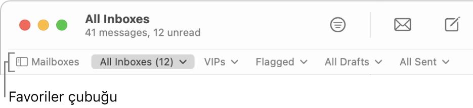 Posta Kutuları düğmesini ve Önemli Kişiler veya Bayraklı gibi favori posta kutularına erişme düğmelerini gösteren Favoriler çubuğu.