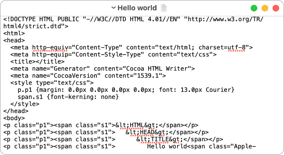 ملف HTML في وضع تحرير التعليمات البرمجية.