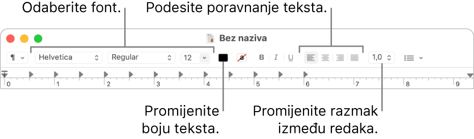 Alatna traka TextEdit za dokument bogatog teksta prikazuje poravnanje fonta i teksta i kontrole razmaka.