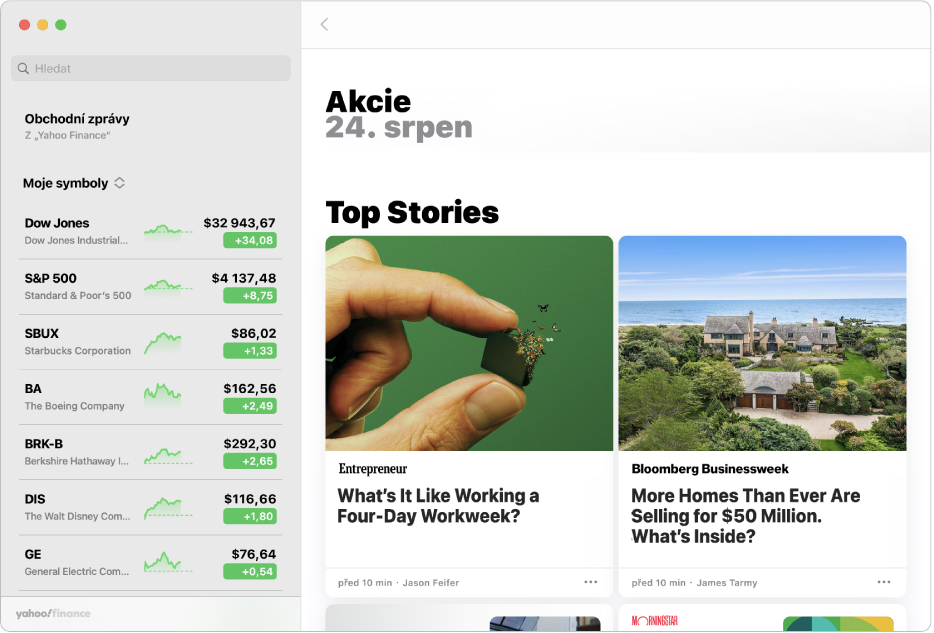 Okno aplikace Akcie zobrazující top články obchodního zpravodajství