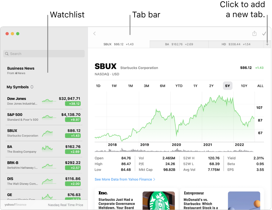 A Stocks window showing the watchlist on the left with one ticker symbol selected, and the corresponding chart and news feed in the right pane. Tabs for selected ticker symbols are across the top of the window, along with a plus sign, which can be used to add a new tab.