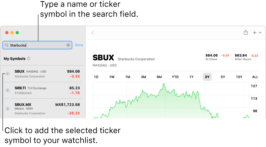 A Stocks window showing the search field, a list of search results, and the Add to Watchlist button.