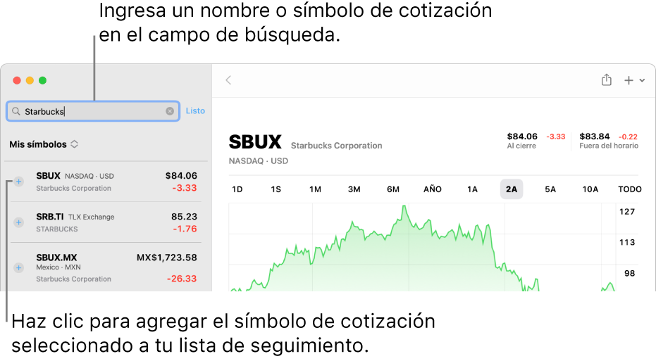 Una ventana de la app Bolsa mostrando el campo de búsqueda, una lista con los resultados de una búsqueda, y el botón Agregar a la lista.