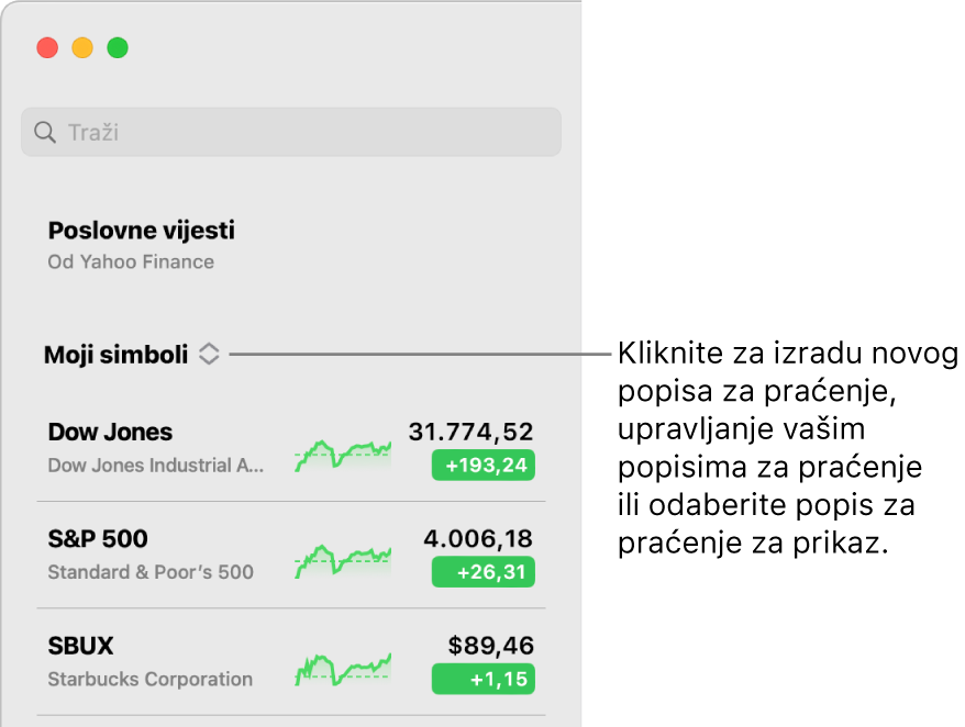 Skočni izbornik popisa praćenja pri vrhu rubnog stupca s nazivom trenutačnog popisa praćenja.