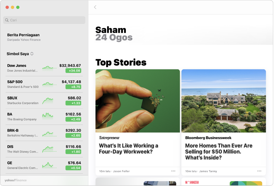 Tetingkap Saham menunjukkan berita perniagaan teratas.