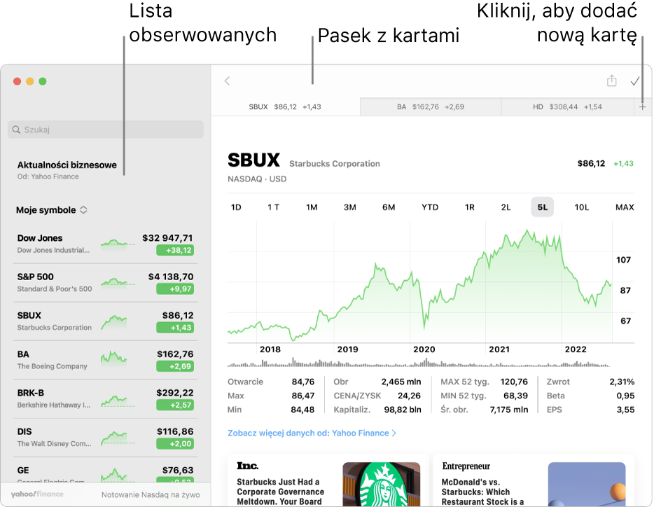 Okno aplikacji Giełda a w nim lista obserwowanych akcji po lewej z zaznaczonym jednym symbolem giełdowym, oraz odpowiadającym mu wykresem oraz kanałem aktualności. Karty dla zaznaczonych symboli giełdowych znajdują się w górnej części okna razem ze znakiem plus, którego można użyć do dodania nowej karty.