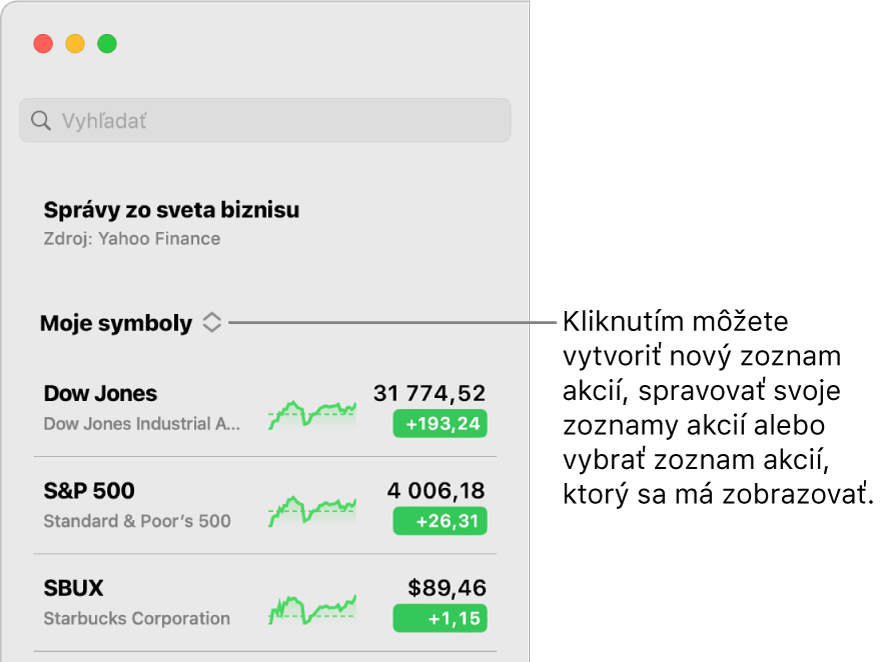 Vyskakovacie menu zoznamu akcií v hornej časti postranného panela s názvom aktuálneho zoznamu akcií.