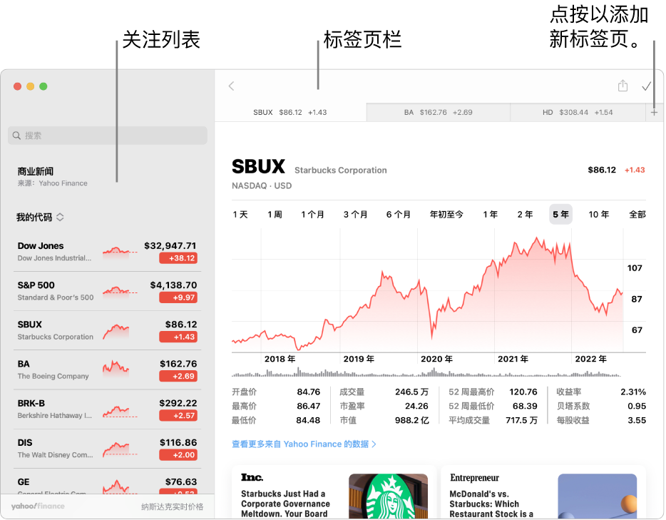 “股市”窗口，左侧显示关注列表，其中股票代码已选定，右侧面板中有相应的走势图和新闻提要。所选股票代码的标签页横列于窗口顶部，旁边还有一个可用于添加新标签页的加号。