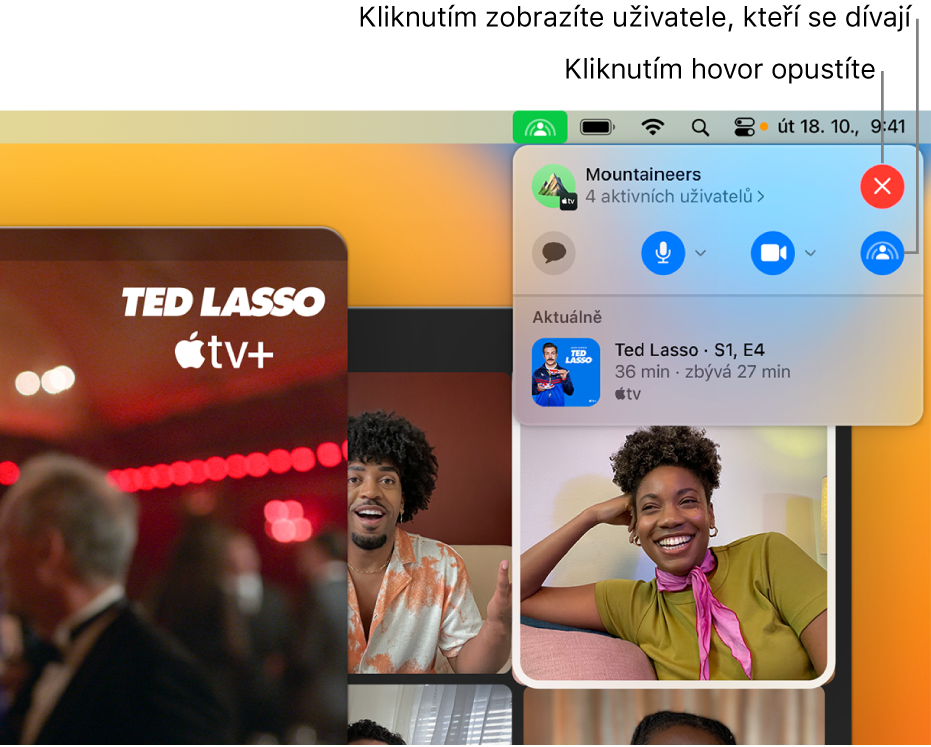 Ovládací prvky SharePlay zobrazené v řádku nabídek