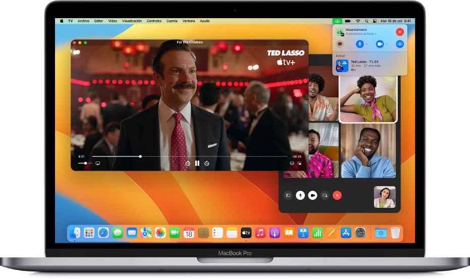 Sesión de SharePlay en una Mac mostrando una app Apple TV y una llamada de FaceTime en vivo.