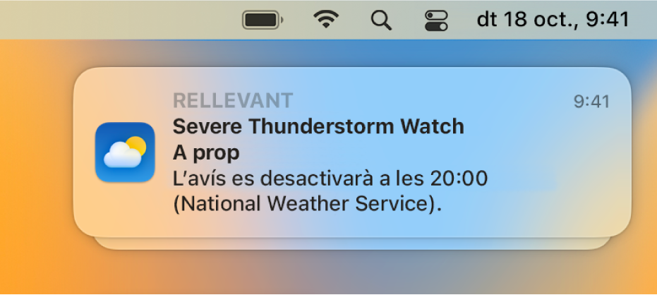 Una notificació amb una alerta del servei nacional del temps sobre una tempesta forta.