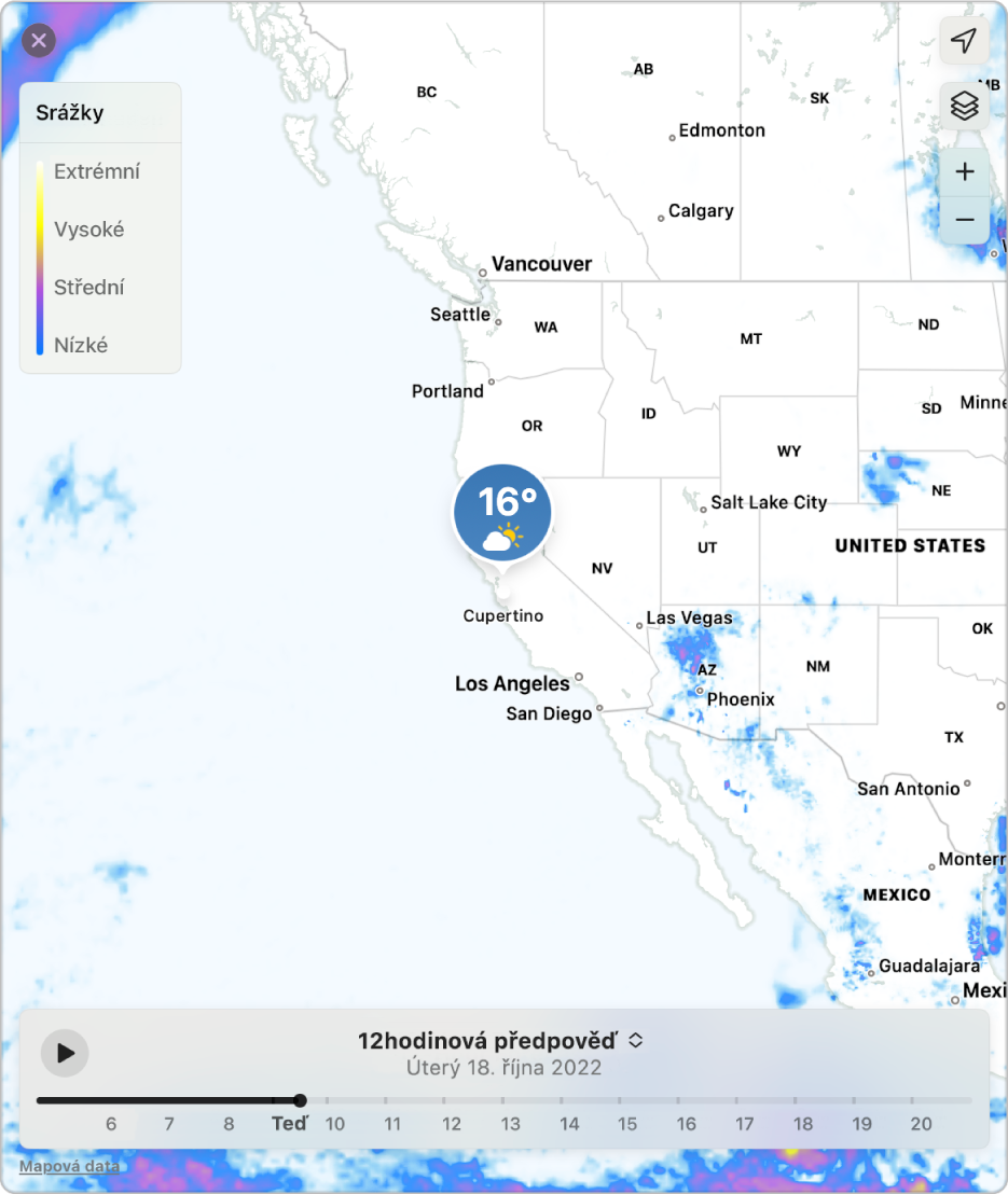 Podrobná mapa s předpovědí srážek pro Cupertino v Kalifornii.