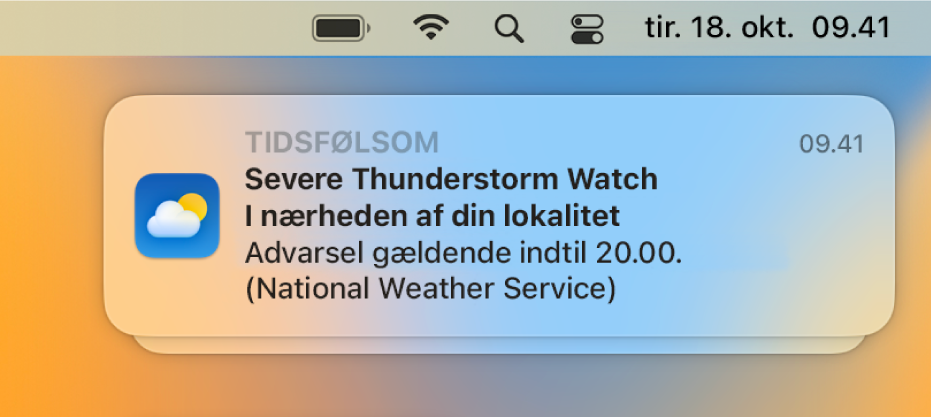 En notifikation der viser en advarsel fra National Weather Service om voldsomt tordenvejr.