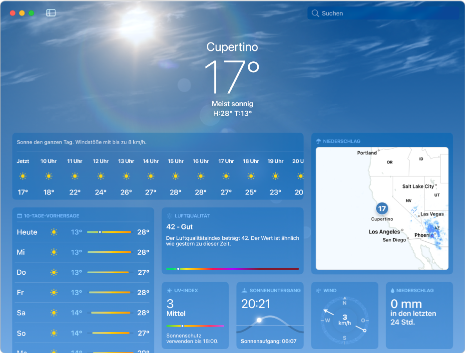 Das Fenster der App „Wetter“ zeigt die aktuelle Temperatur, die Höchst- und Tiefsttemperaturen für den Tag, die stündliche Vorhersage, die 10-Tage-Vorhersage, eine Niederschlagskarte und Daten über Luftqualität, Sonnenuntergang, Wind und Niederschlagsmenge.