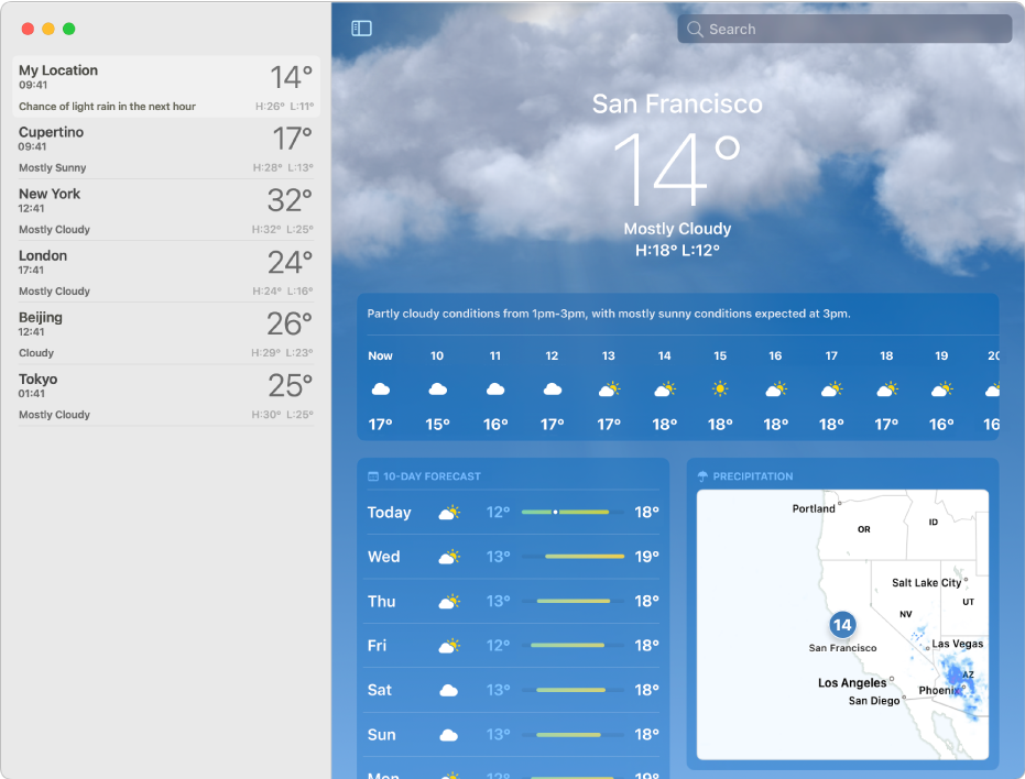 The Weather window with the sidebar open. The sidebar contains a brief summary of the weather in various locations. The main window on the right displays the weather forecast and conditions for the current location, including current temperature, high and low temperatures for the day, precipitation forecast, hourly forecast, 10-day forecast and air quality data.