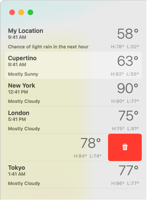 The sidebar showing different locations in a weather list.