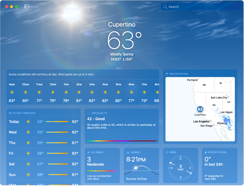 The Weather screen showing the current temperature, the high and low temperatures for the day, the hourly forecast, the 10-day forecast, a precipitation map, and data about air quality, sunset, wind, and amount of precipitation.