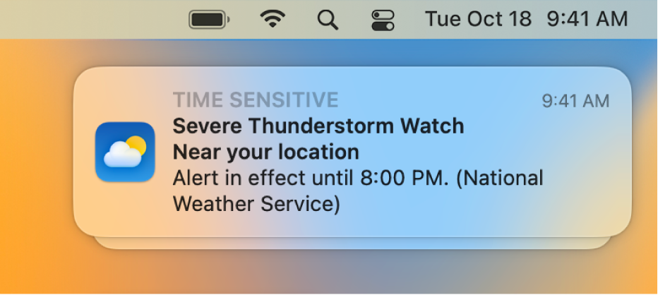 A notification showing an alert from the National Weather service about a severe thunderstorm.