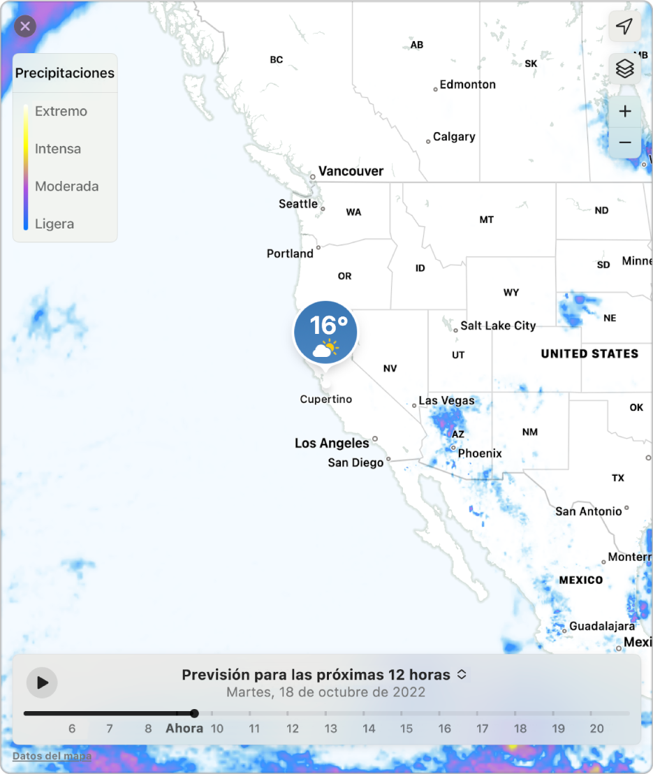 Un mapa detallado que muestra la previsión de precipitaciones en Cupertino, California.