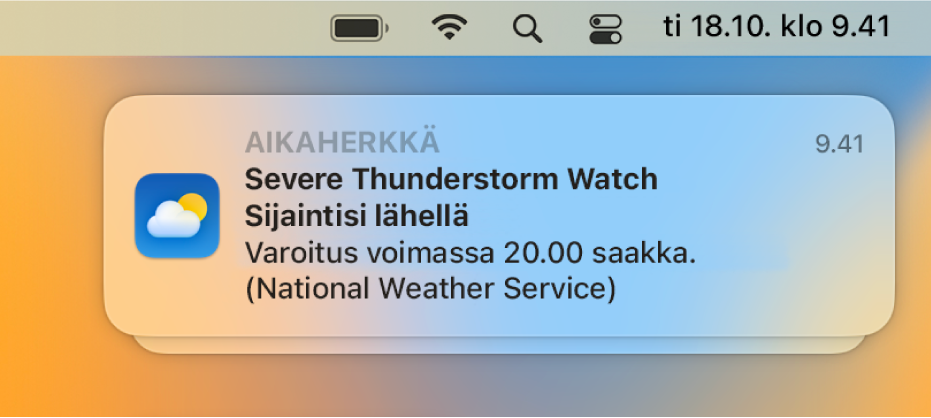 Ilmoituksessa näkyy National Weather -palvelun varoitus kovasta ukkosmyrskystä.
